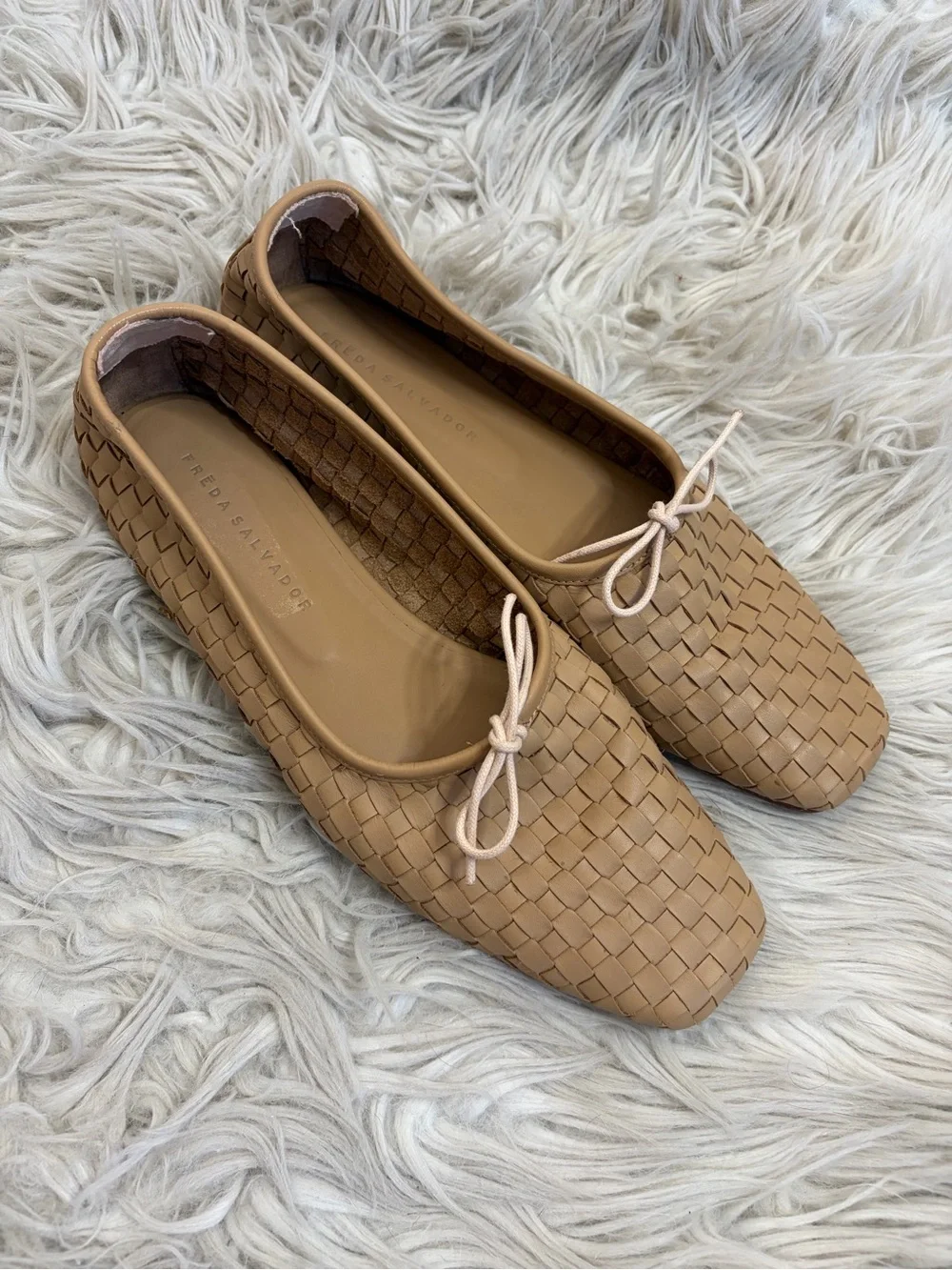 Freda Salvador Jada Tan Woven Leather Square Toe Bow Flats, Size 10